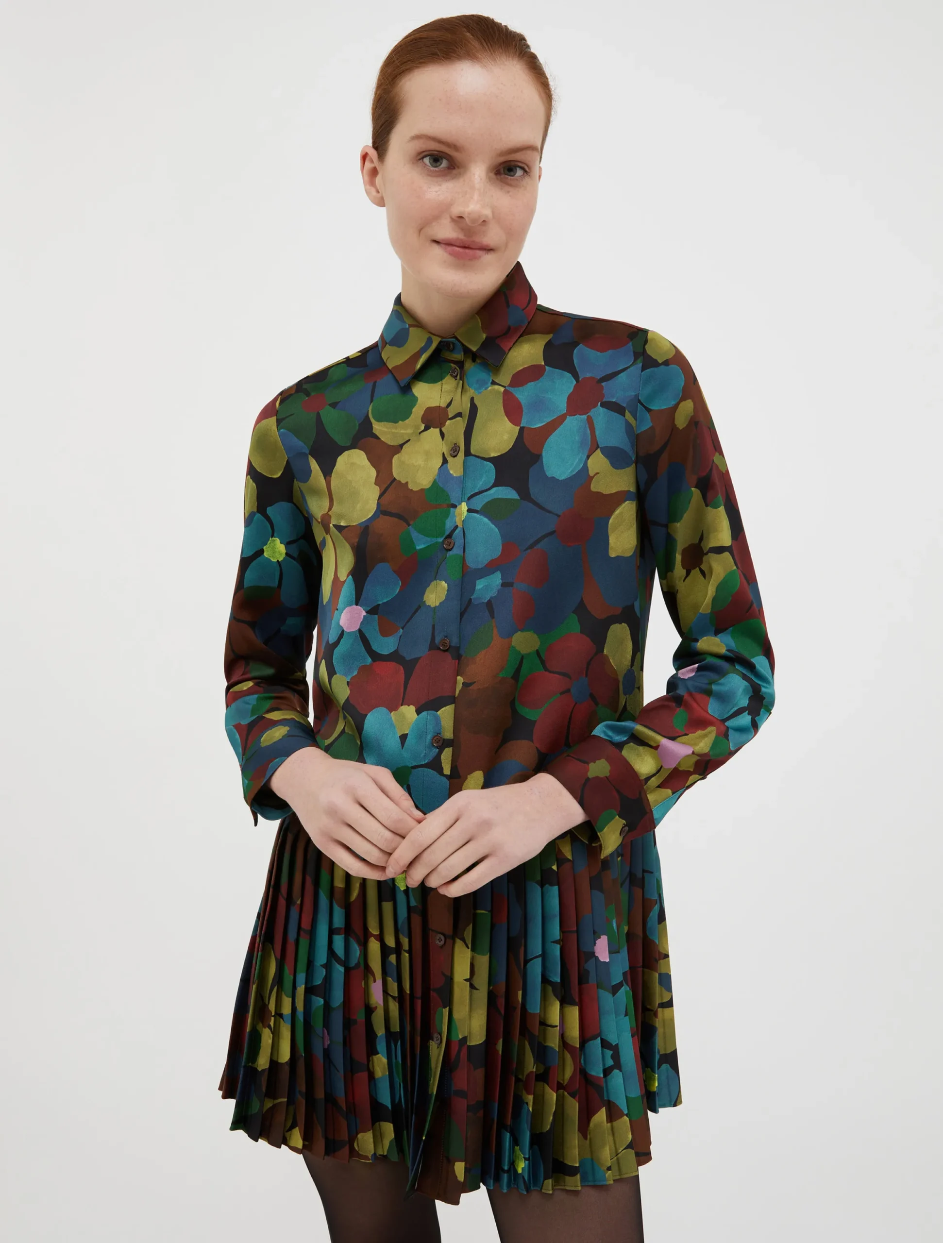 Camouflage-print satin shirt dress