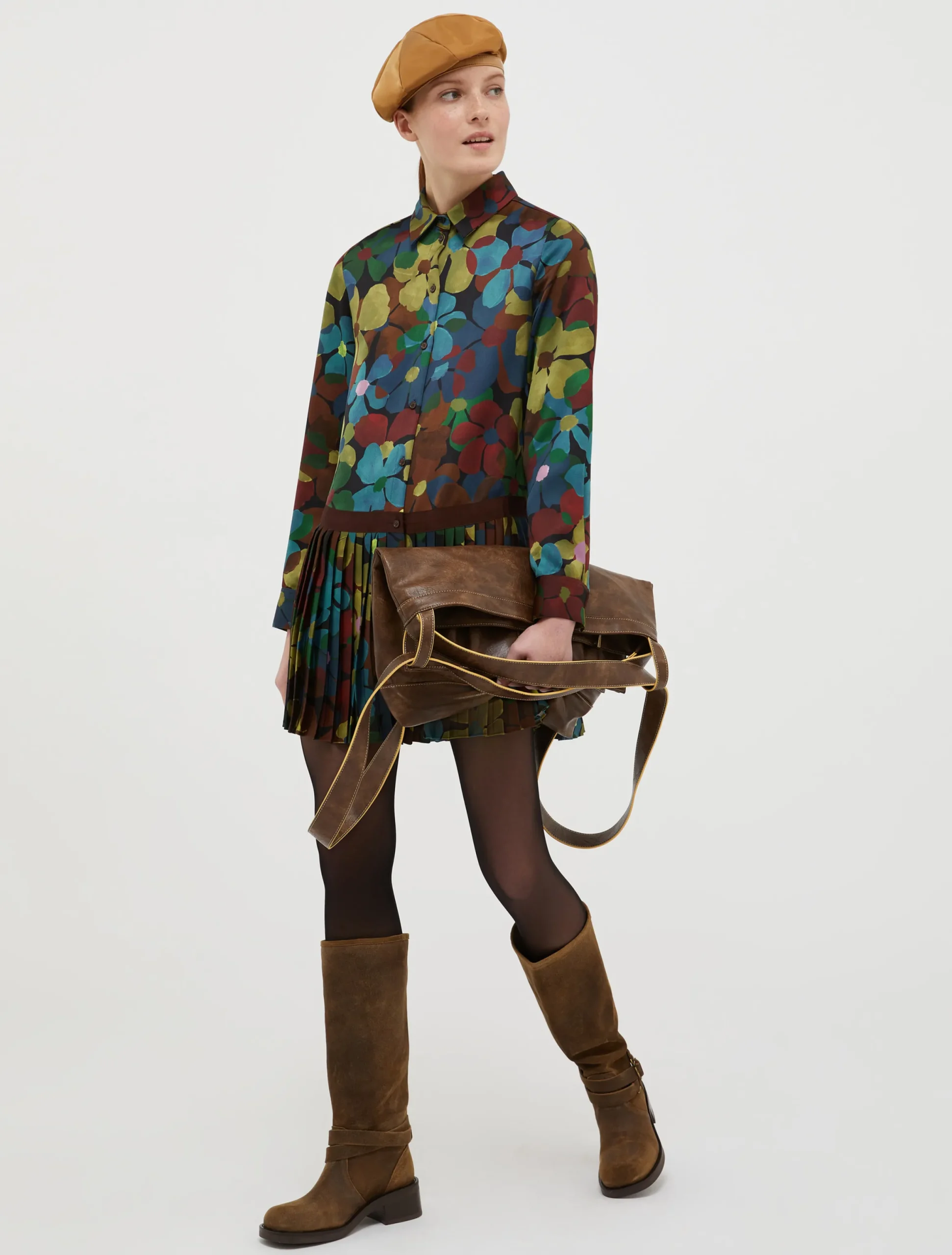 Camouflage-print satin shirt dress