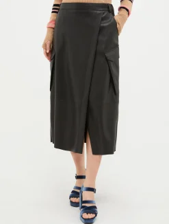 Coated-jersey cargo midi skirt