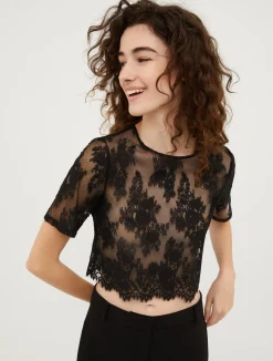 Cropped floral-lace top