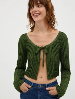 Cropped lurex-knit cardigan
