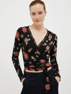 Floral print jersey top with lace edges