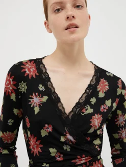 Floral print jersey top with lace edges