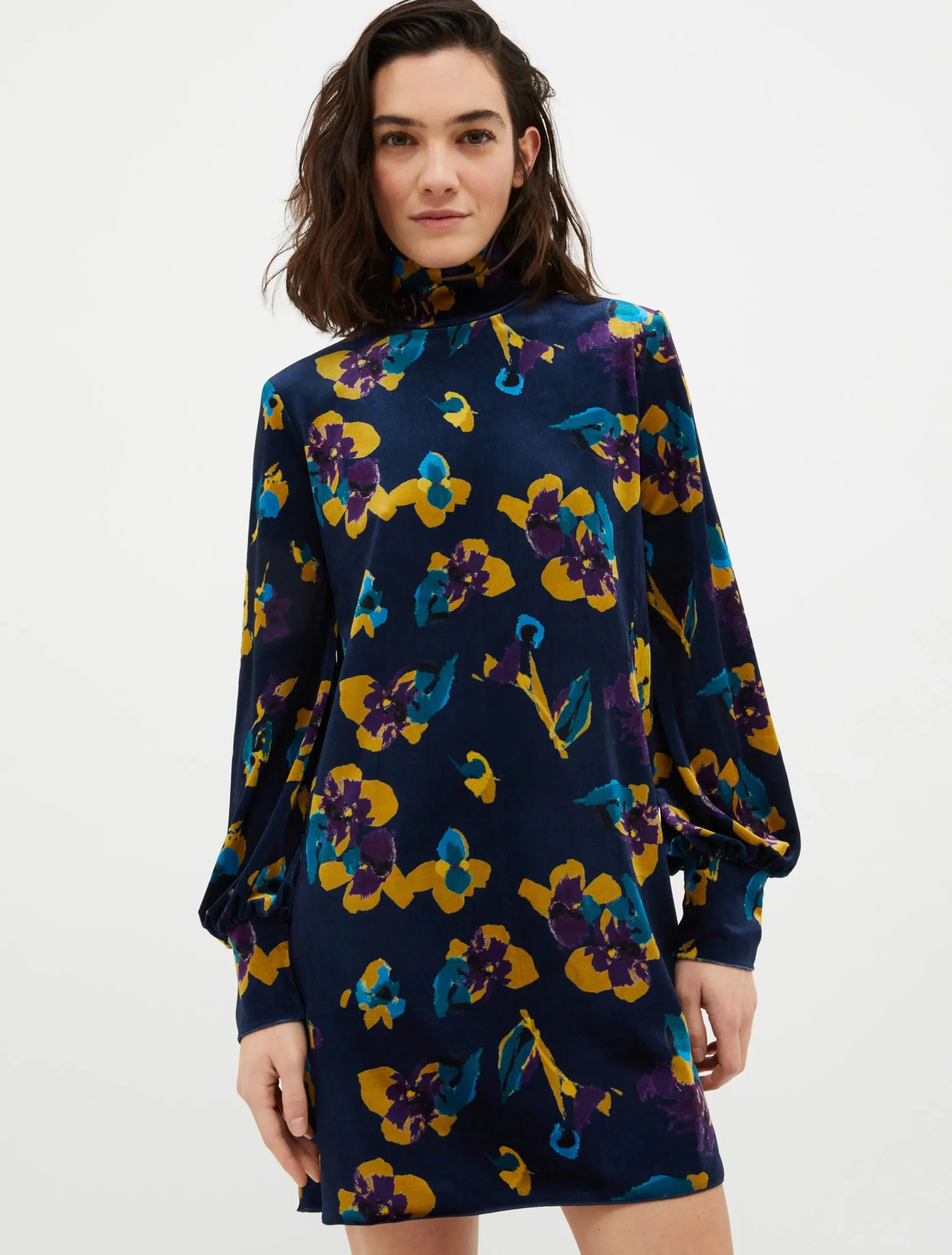 Floral velvet-jersey tunic dress
