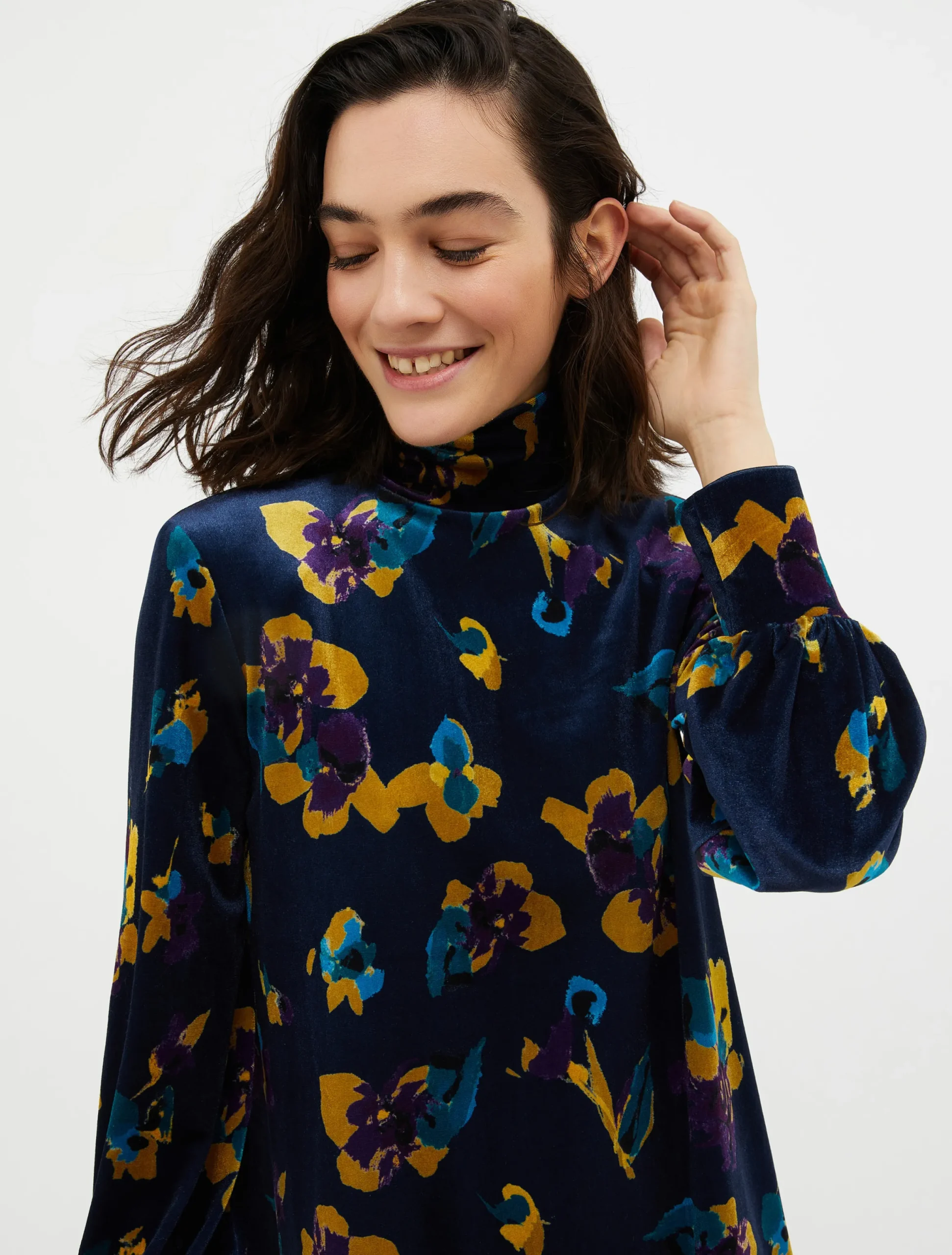 Floral velvet-jersey tunic dress
