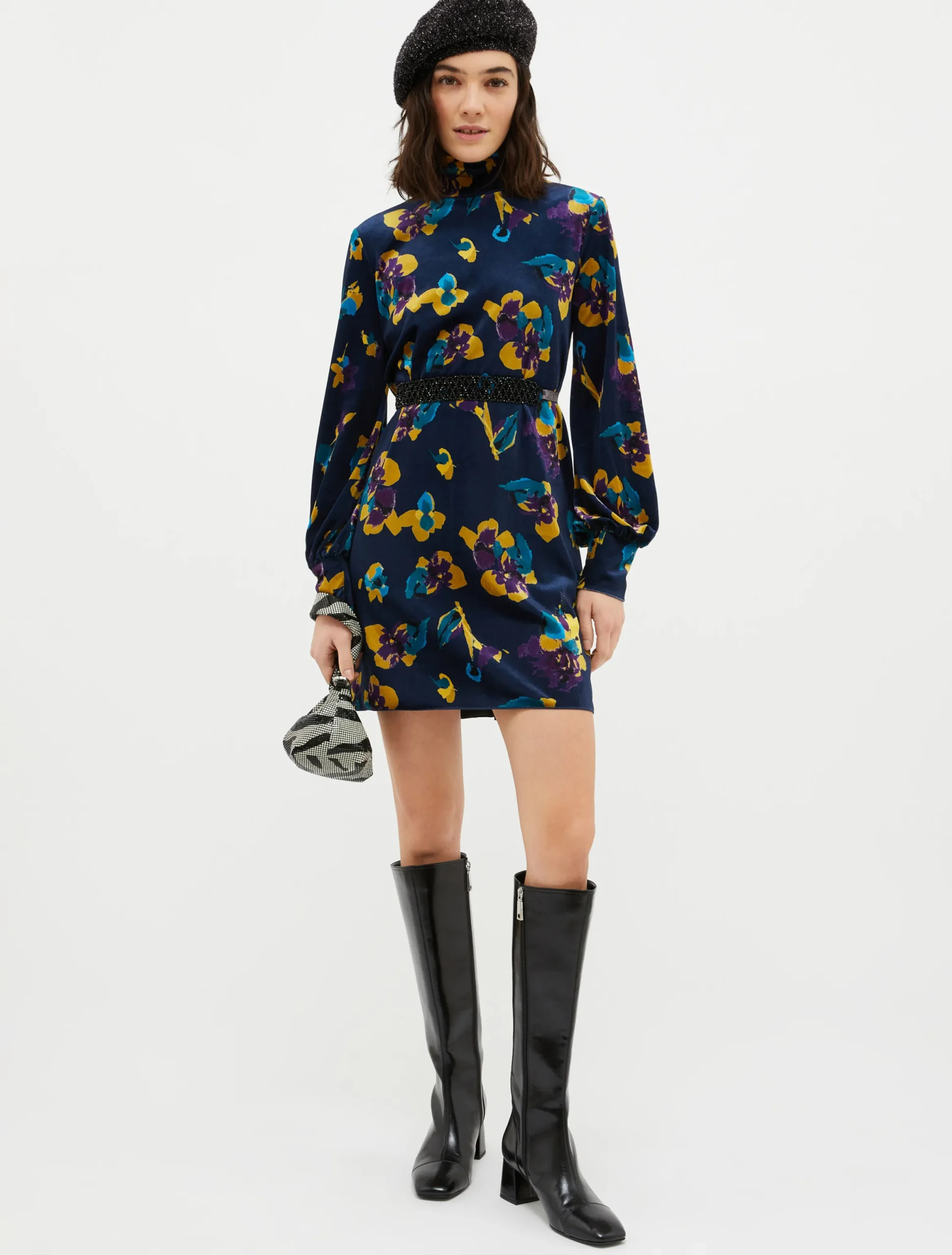 Floral velvet-jersey tunic dress