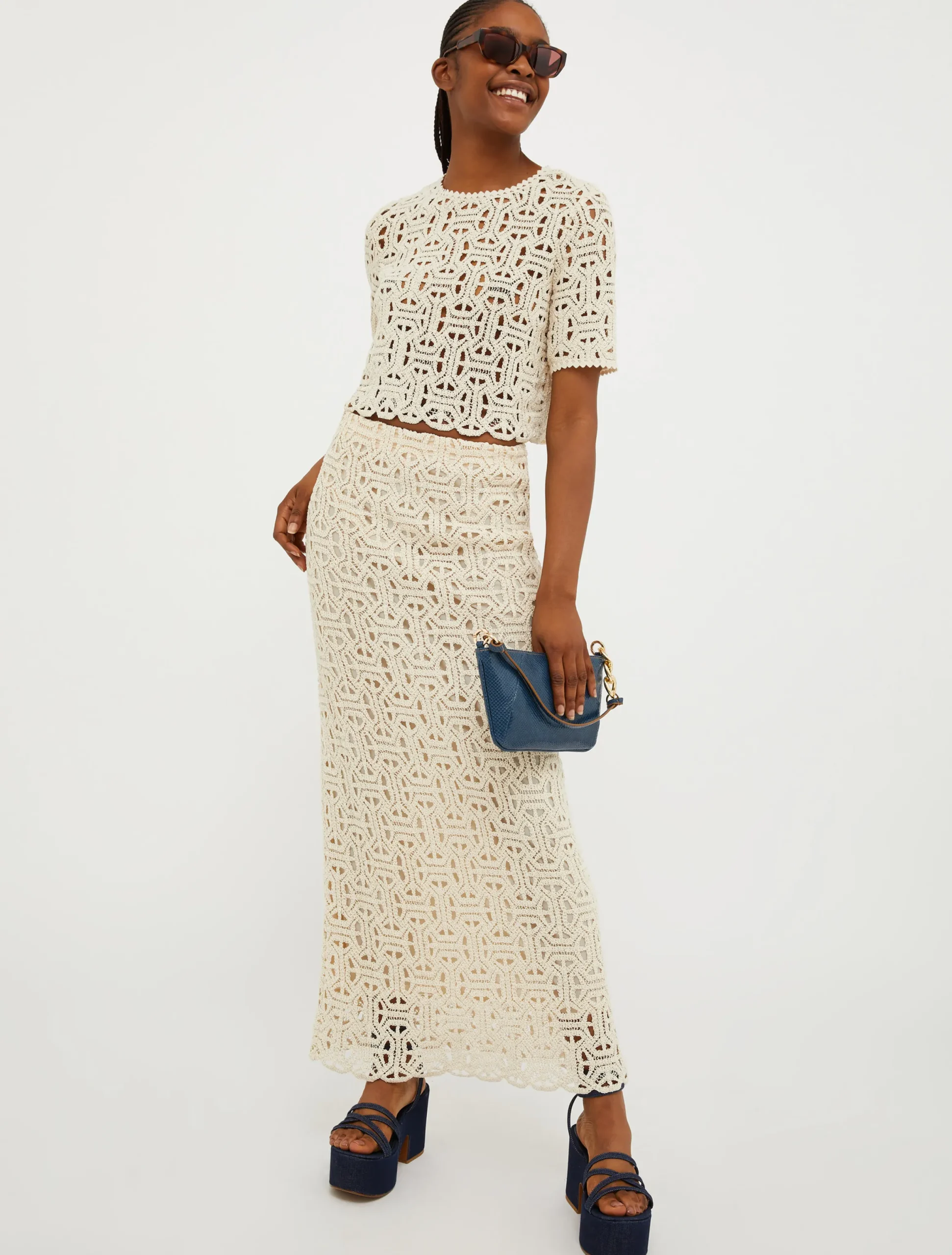 Macramé jersey long skirt