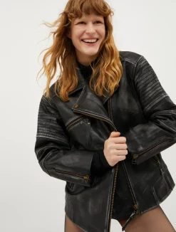 Oversized aged-leather biker jacket