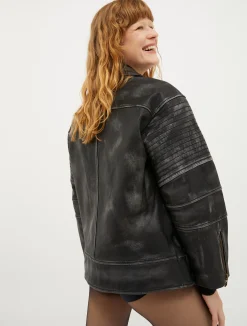 Oversized aged-leather biker jacket