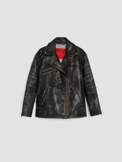 Oversized aged-leather biker jacket