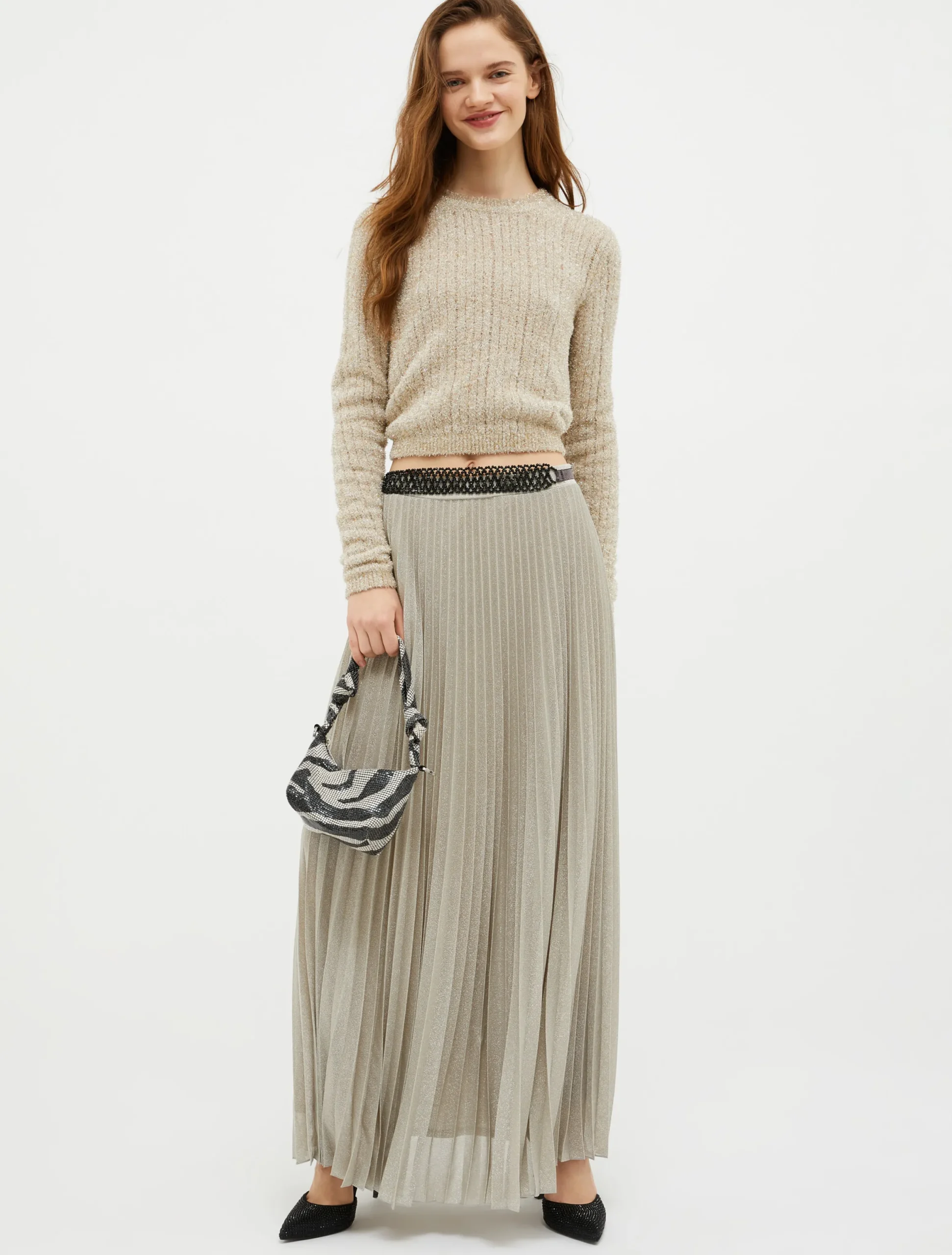 Pleated lurex-jersey skirt