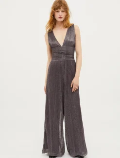 Pleated metallic jersey-tulle jumpsuit