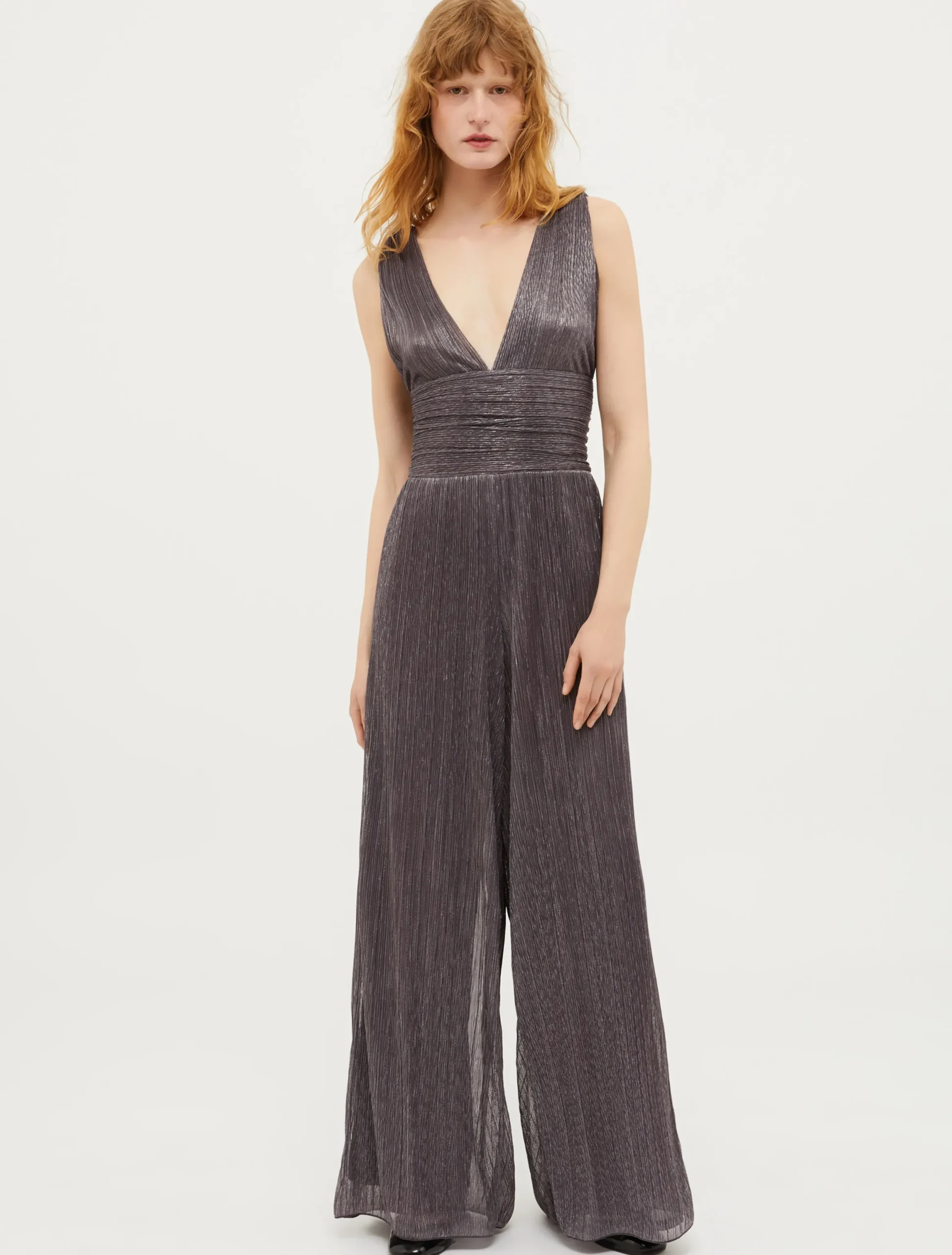 Pleated metallic jersey-tulle jumpsuit