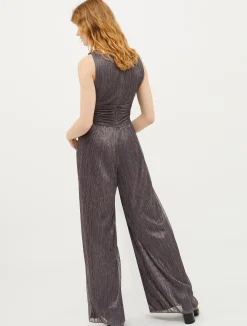 Pleated metallic jersey-tulle jumpsuit