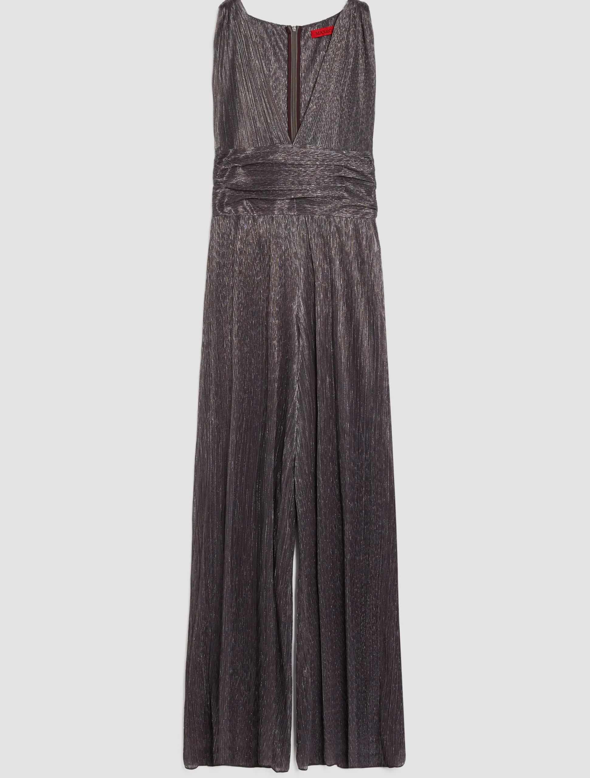 Pleated metallic jersey-tulle jumpsuit