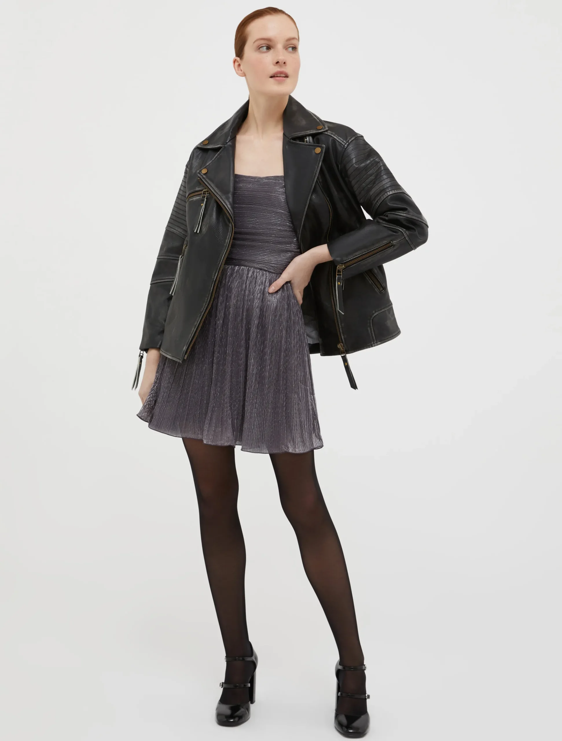 Pleated metallic tulle mini dress