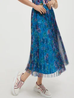 Pleated tulle-jersey midi skirt