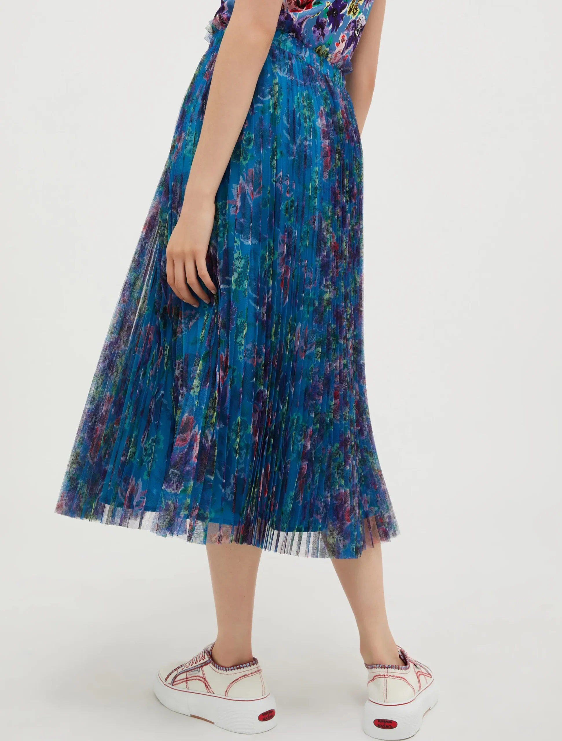 Pleated tulle-jersey midi skirt
