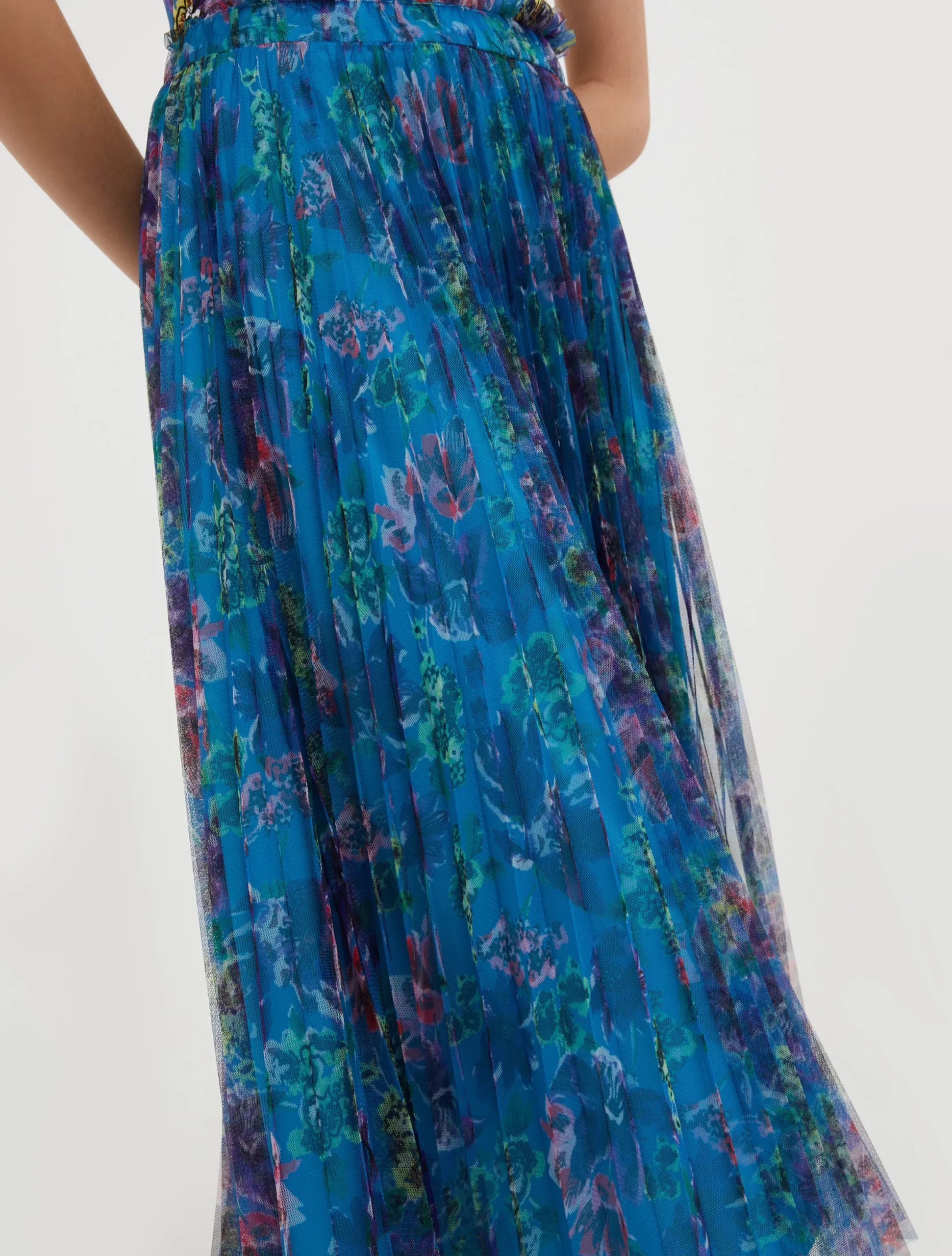 Pleated tulle-jersey midi skirt
