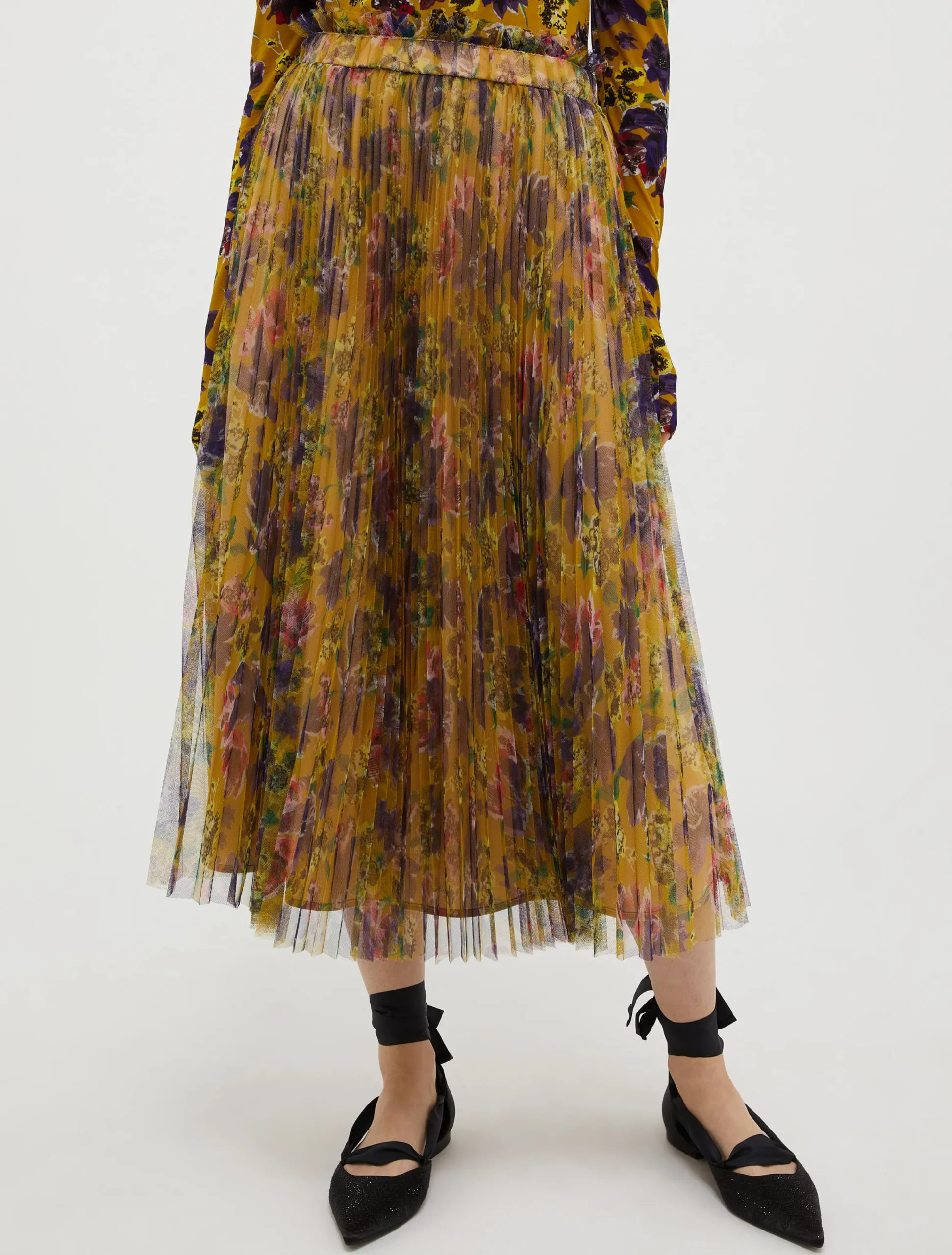 Pleated tulle-jersey midi skirt