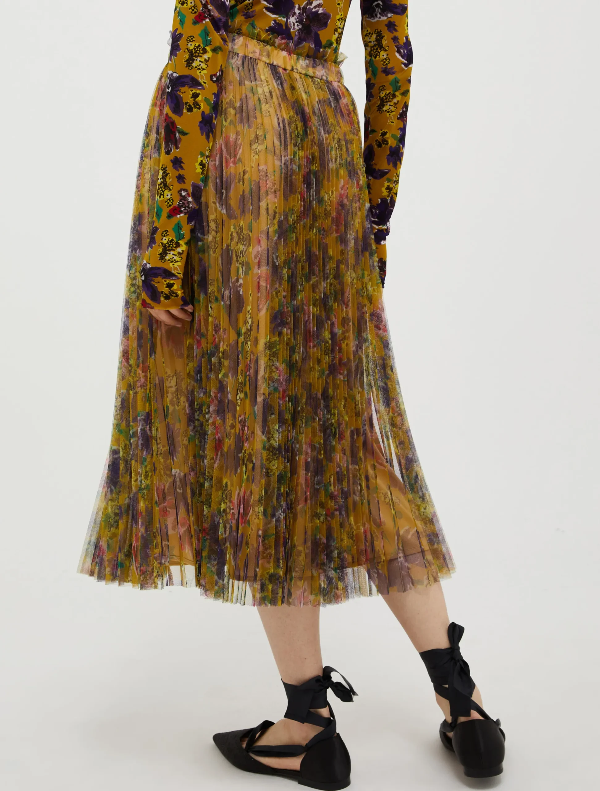 Pleated tulle-jersey midi skirt