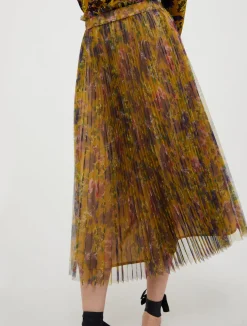 Pleated tulle-jersey midi skirt
