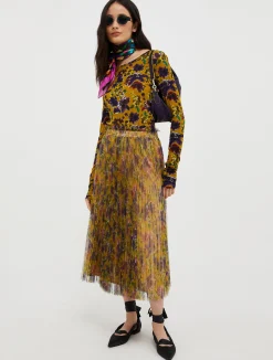 Pleated tulle-jersey midi skirt