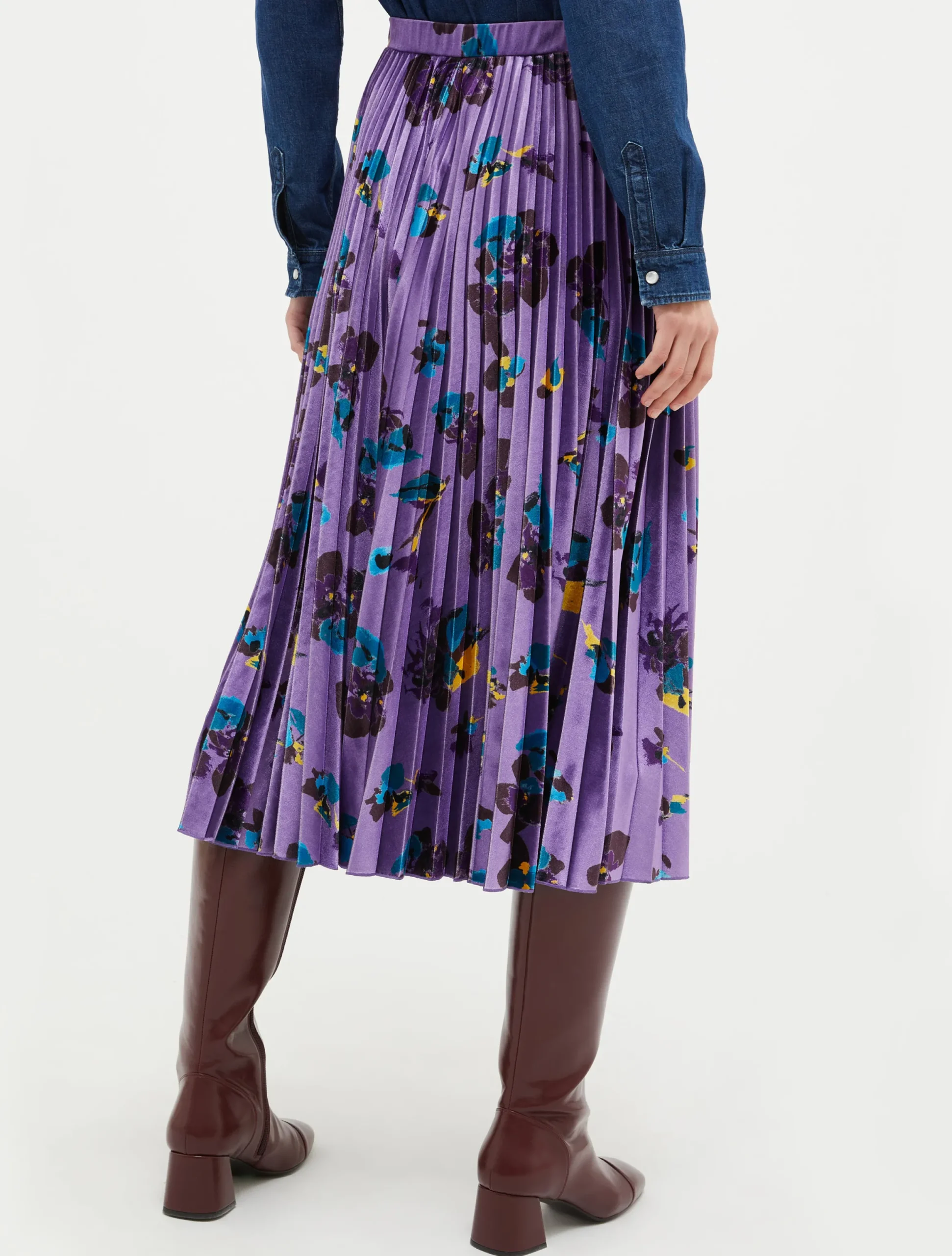 Pleated velvet-jersey midi skirt