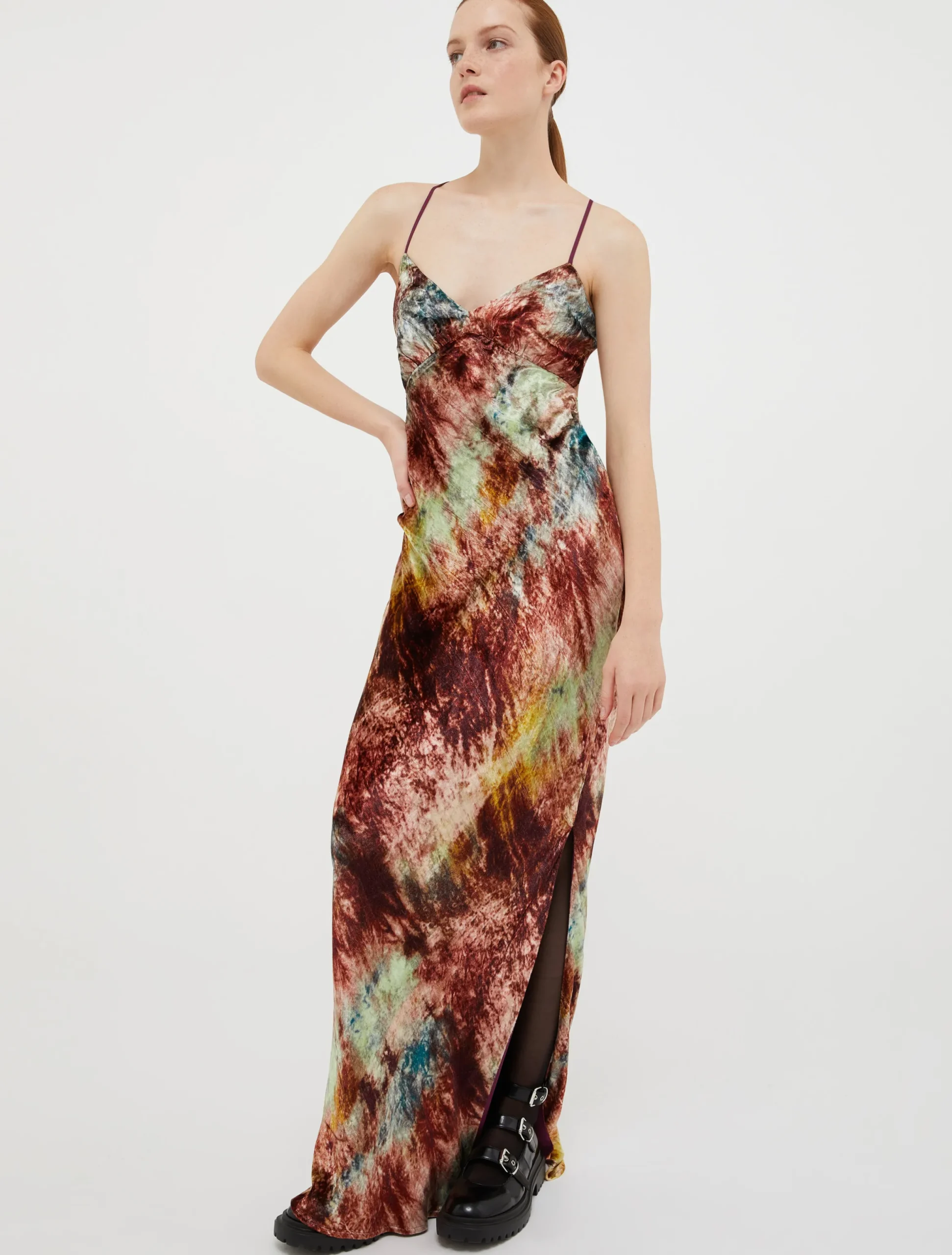 Tie-dye velvet maxi slip dress