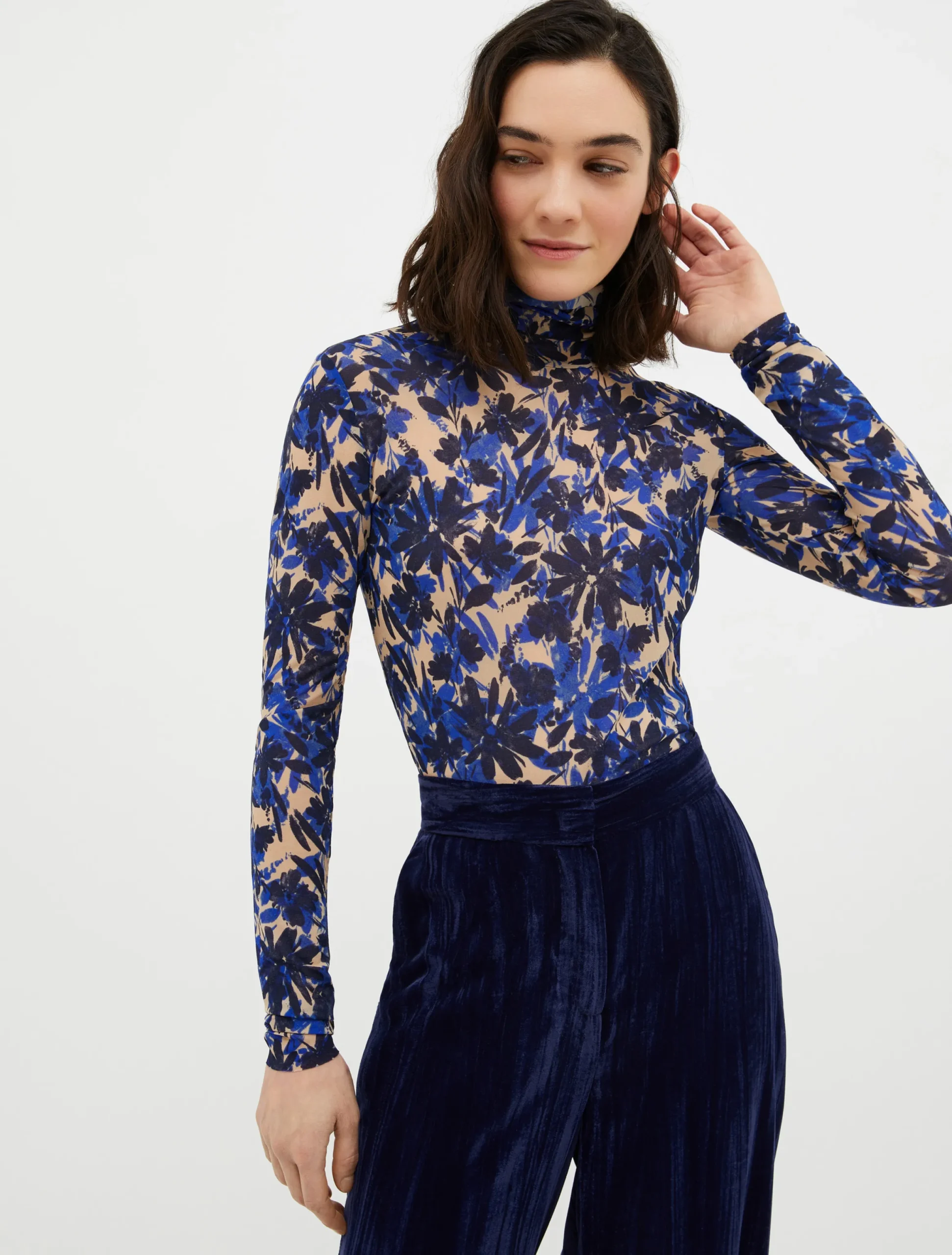Turtleneck tulle-jersey top