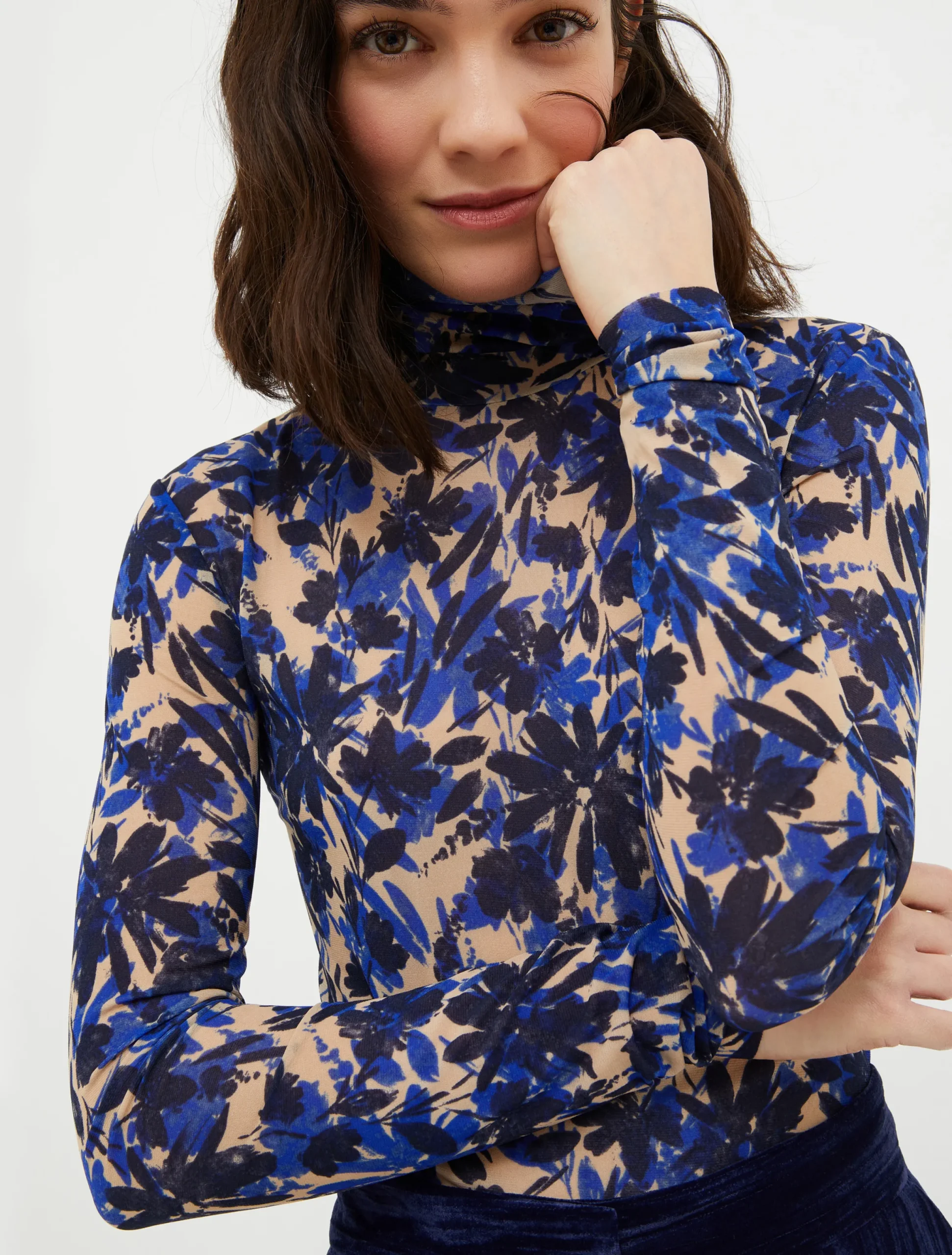Turtleneck tulle-jersey top